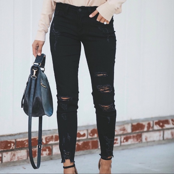 NEW Distressed Denim Ankle Fray Black Skinny Jeans - Picture 8 of 9